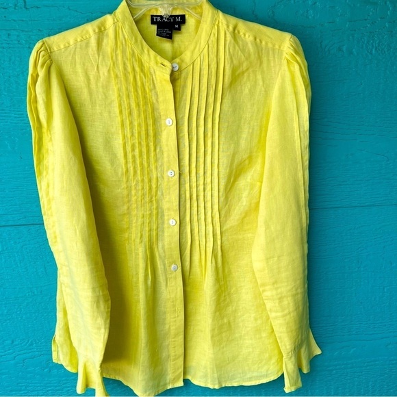 YELLOW LINEN PINTUCK PEPLUM BUTTON DOWN BLOUSE WITH RUFFLE CUFFS SIZE MEDIUM - Picture 2 of 7